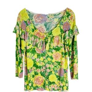Little Yellow Bird green yellow pink floral ruffle cardigan sweater medium